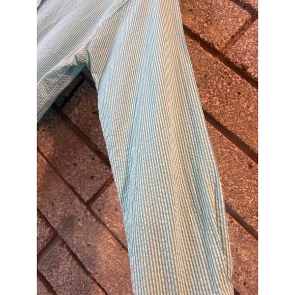 J.McLaughlin Womens Seersucker Button-Down Shirt L Striped Aqua White Cotton Rel - Picture 5 of 8